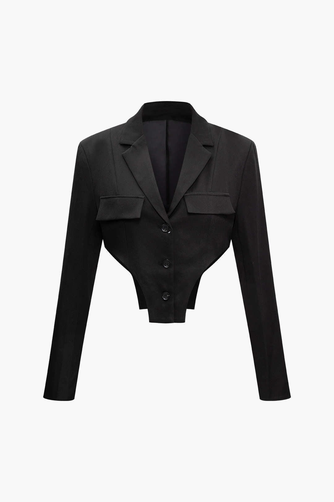 Notched Lapel V-Shape Cut Out Button Crop Blazer