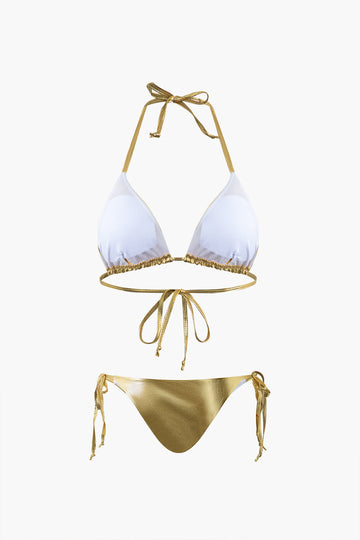 Metallic Tie Halter Bikini Set