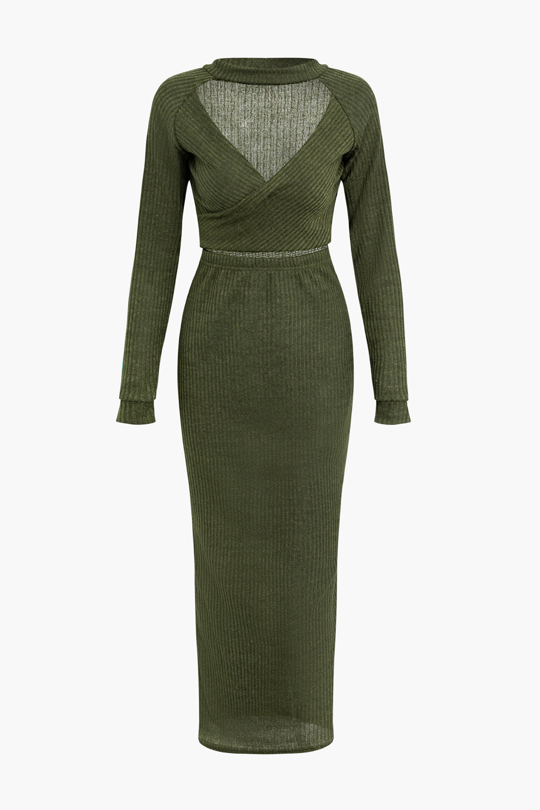 Solid Ribbed Cut Out Twist Long Sleeve Midi Dress