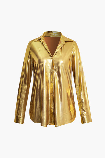 Metallic Effect Button Down Long Sleeve Shirt