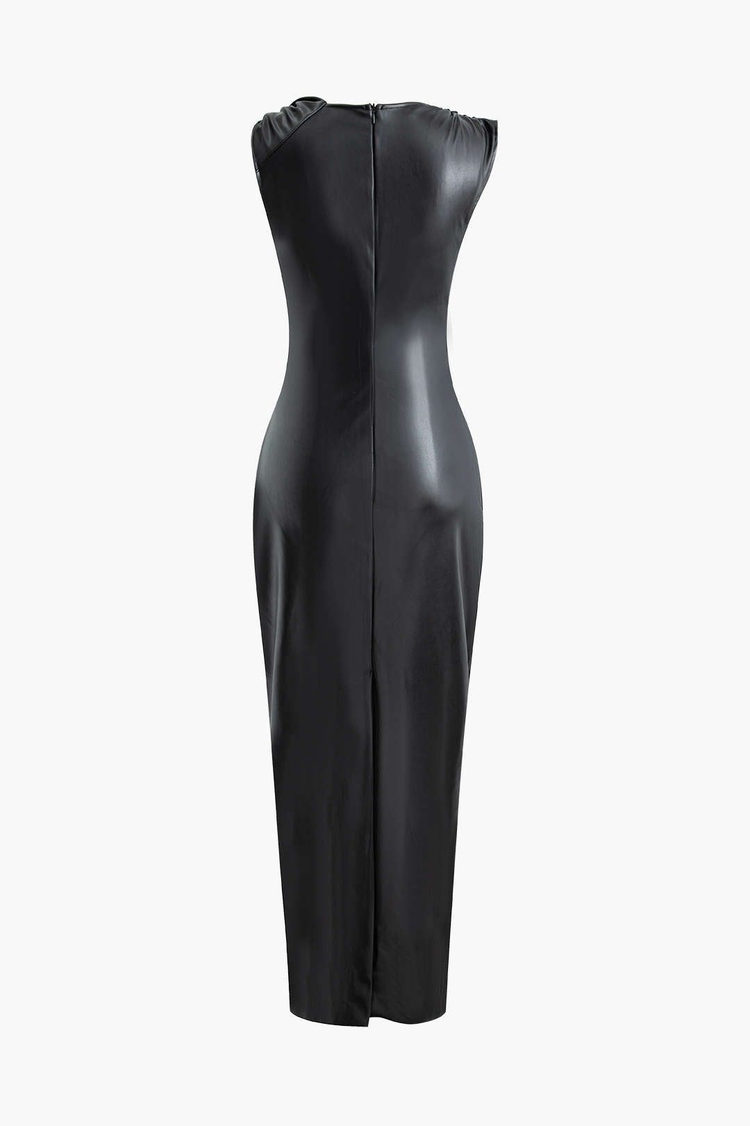 Asymmetrical Twist Ruched Faux Leather Sleeveless Slit Maxi Dress