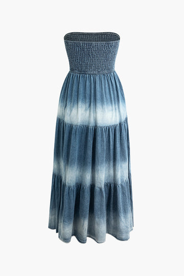 Denim Ombre Shirred Strapless Midi Dress