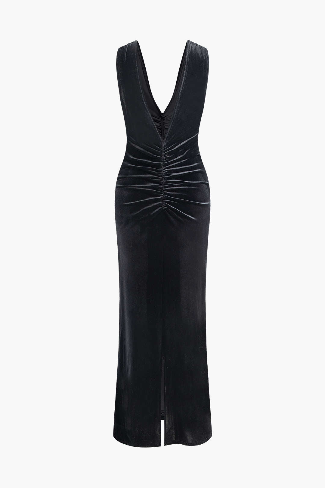 V-neck Sleeveless Velvet Ruched Slit Maxi Dress