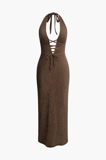 V-neck Tie Halter Slit Midi Dress