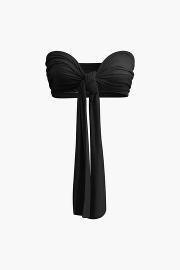 Tie Knot Front Ruched Tube Top And Pleated Wide Leg Pants