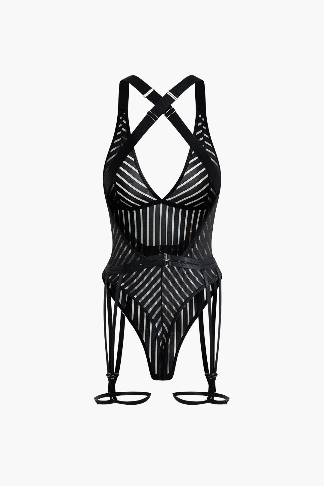 Stripe Cross Strap V-neck Backless Bodysuit