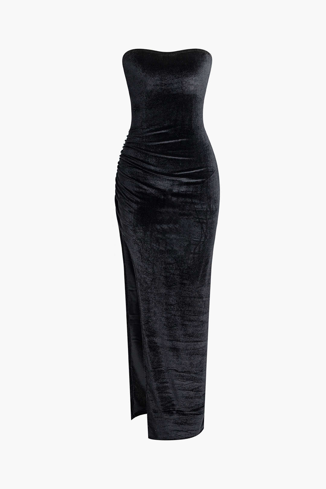 Velvet Ruched Slit Strapless Maxi Dress