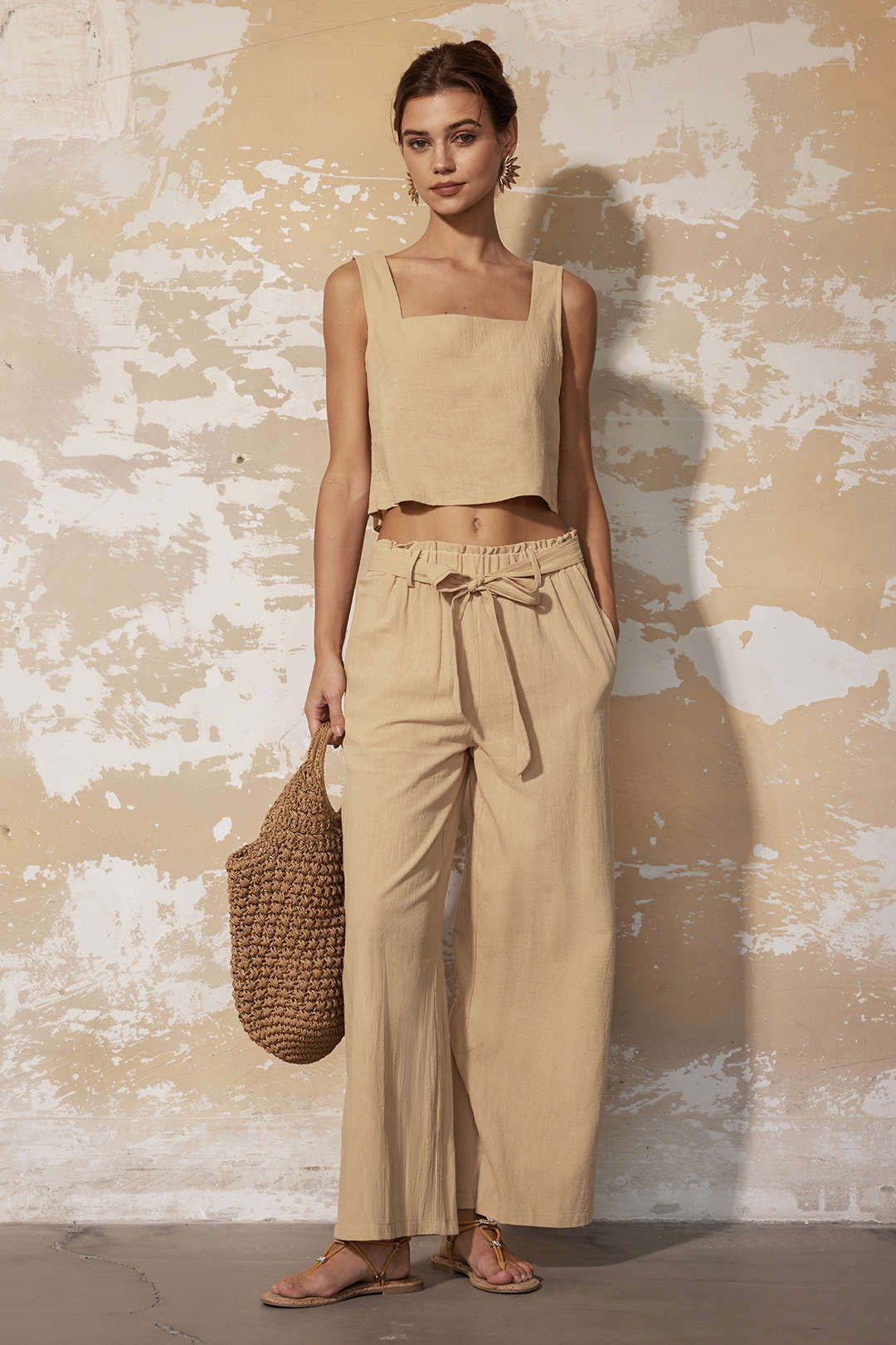 Solid Cami Top And Pleated Wide Leg Pants Set