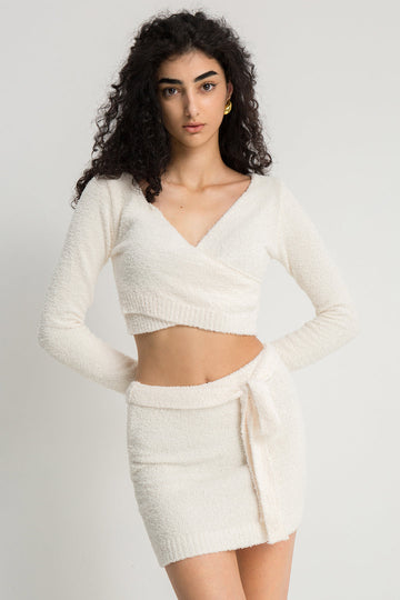 Knit V-neck Cross Long Sleeve Crop Top And Tie Waist Mini Skirt Set