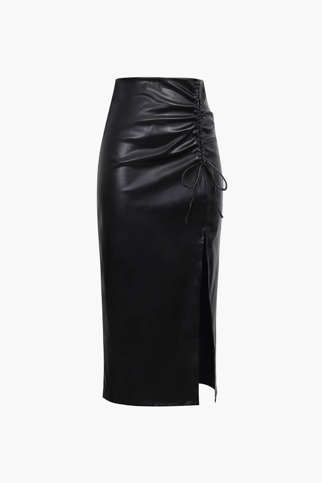 Faux Leather Drawstring Slit Skirt