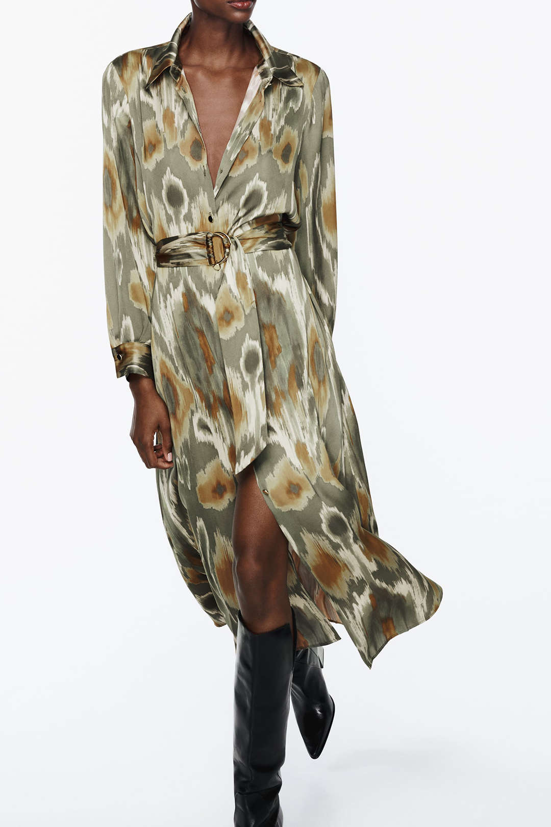 Printed Long Sleeve Belted Midi Shirt Dress