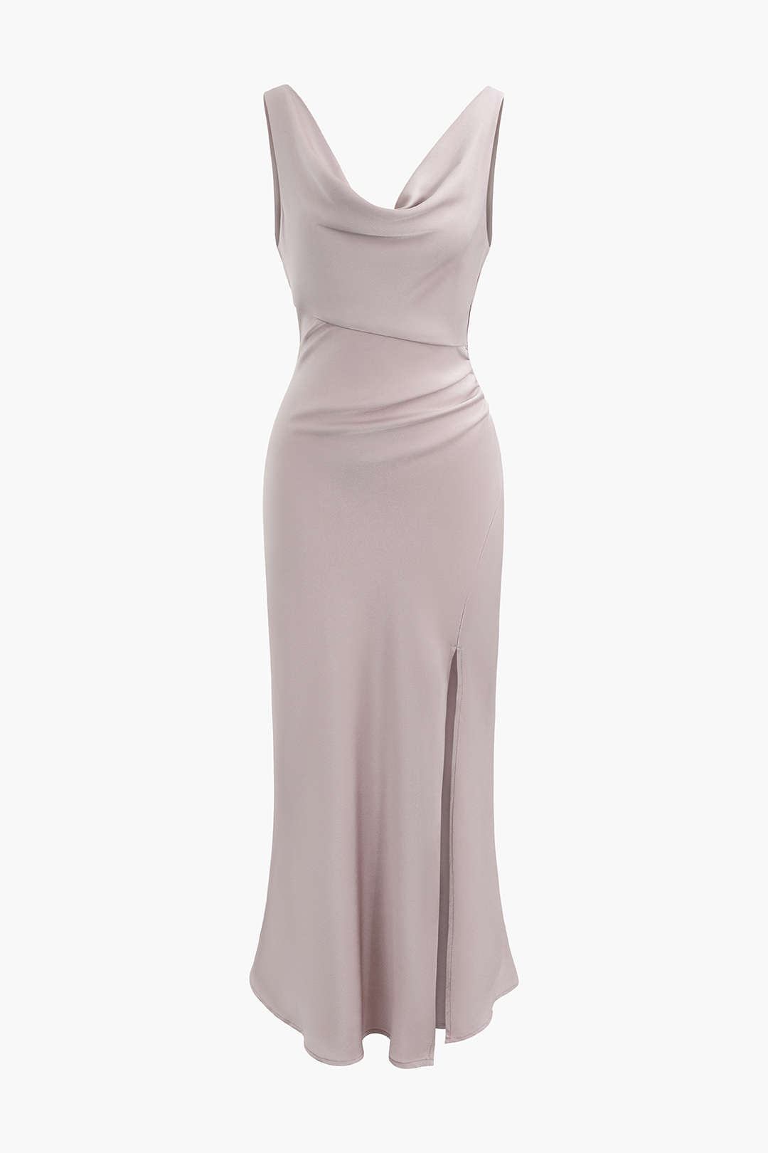 Ruched Cowl Neck Sleeveless Slit Maxi Dress