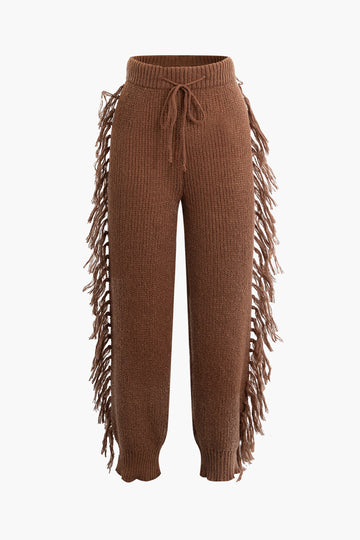 Fringe Detail Turtleneck Sweater And High Waist Knit Pants Set