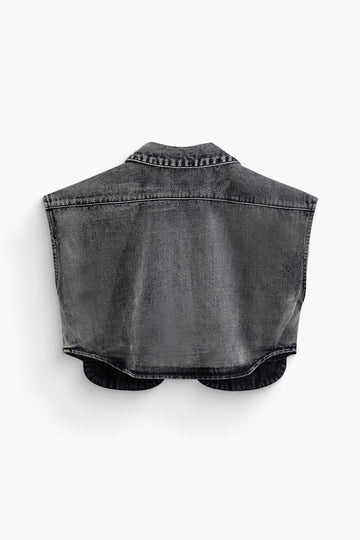 Asymmetric Button Up Flap Pocket Crop Denim Vest