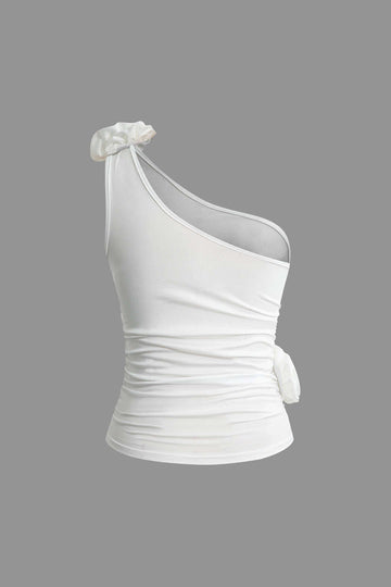 3D Flower One Shoulder Ruched Tank Top