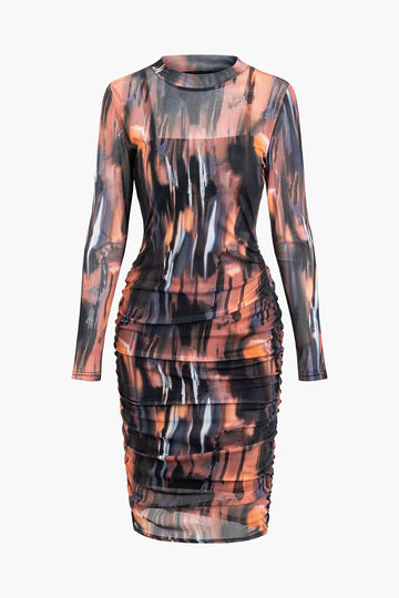 Tie Dye Mock Neck Mesh Long Sleeve Midi Dress With Lining