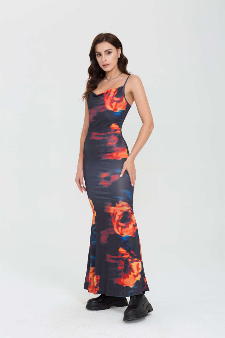 Printed Cowl Neck Maxi Dress