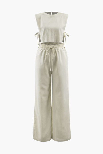 Linen Padded-Shoulder Tie Side Top And Drawstring Pants Set