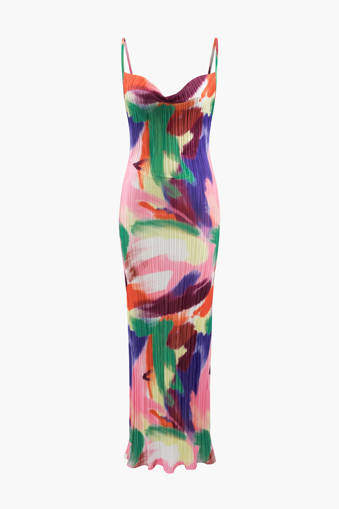 Abstract Cowl Neck Plisse Maxi Dress