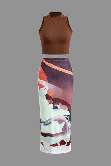 Solid Mock Neck TankTop And Abstract Print Midi Skirt Set