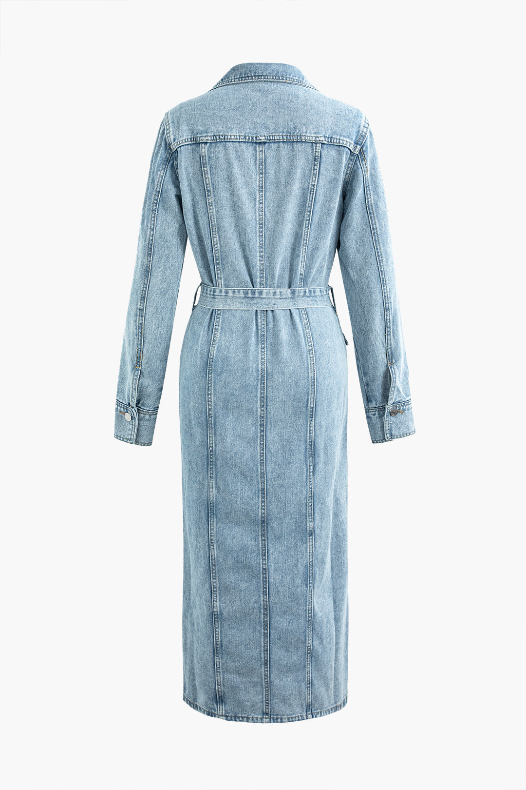 Denim Button Up Slit Long Sleeve Maxi Dress With Belt