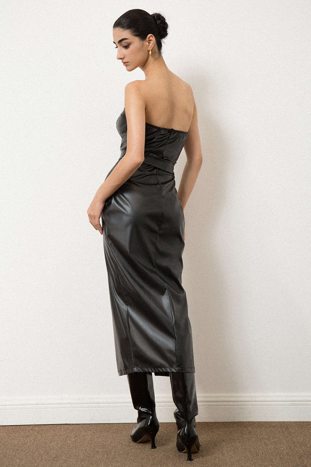 Faux Leather Strapless Slit Belted Midi Dress