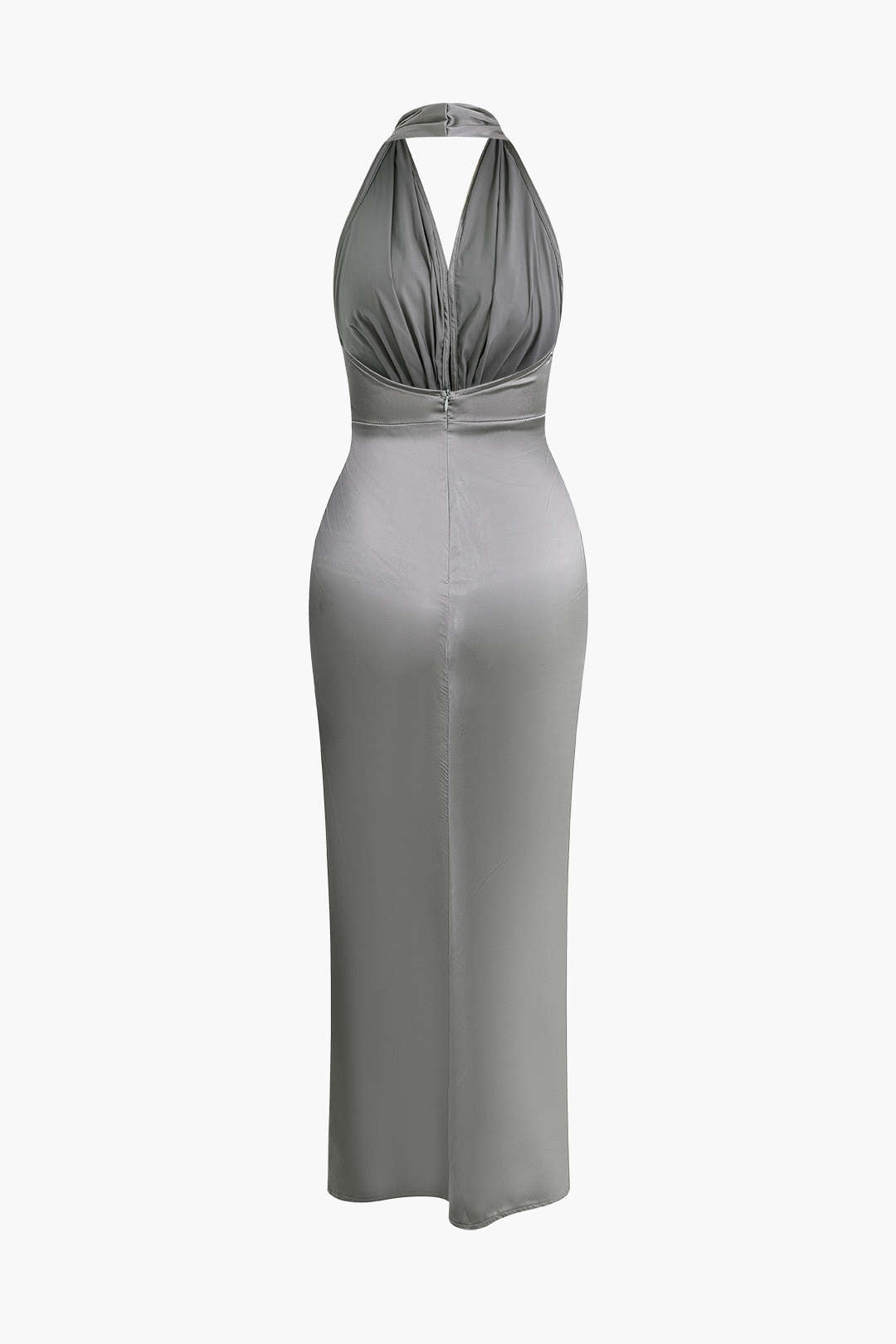 Satin Backless Halter V-neck Ruched Maxi Dress With Tie