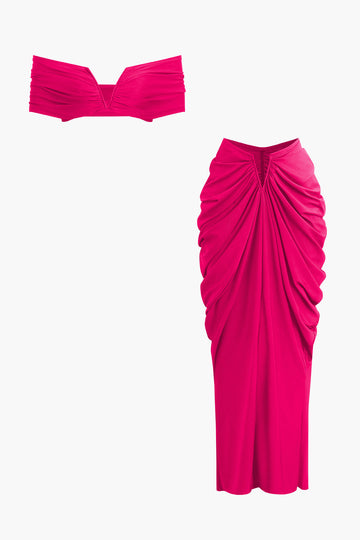 V-neck Ruched Top And V-shape Cut Waist Maxi Skirt Set