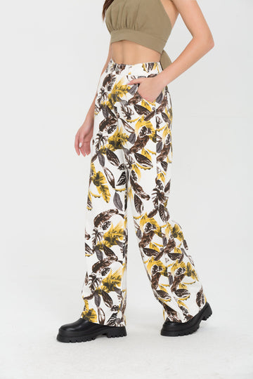 High Waist Leaf Print Straight Leg Pants