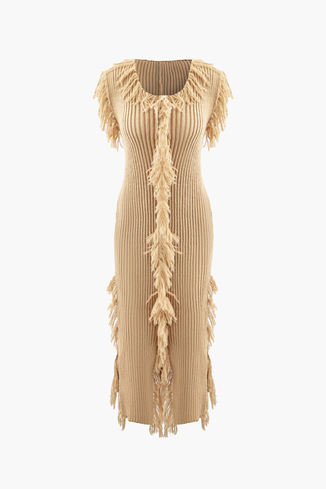 Fringe Square Neck Sleeveless Slit Knit Maxi Dress