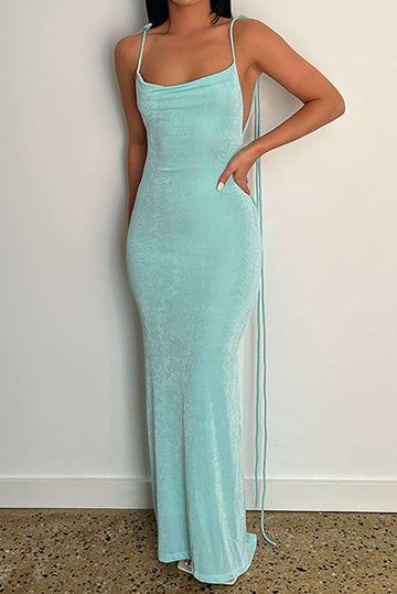 Cowl Neck Backless Tie Maxi Dress