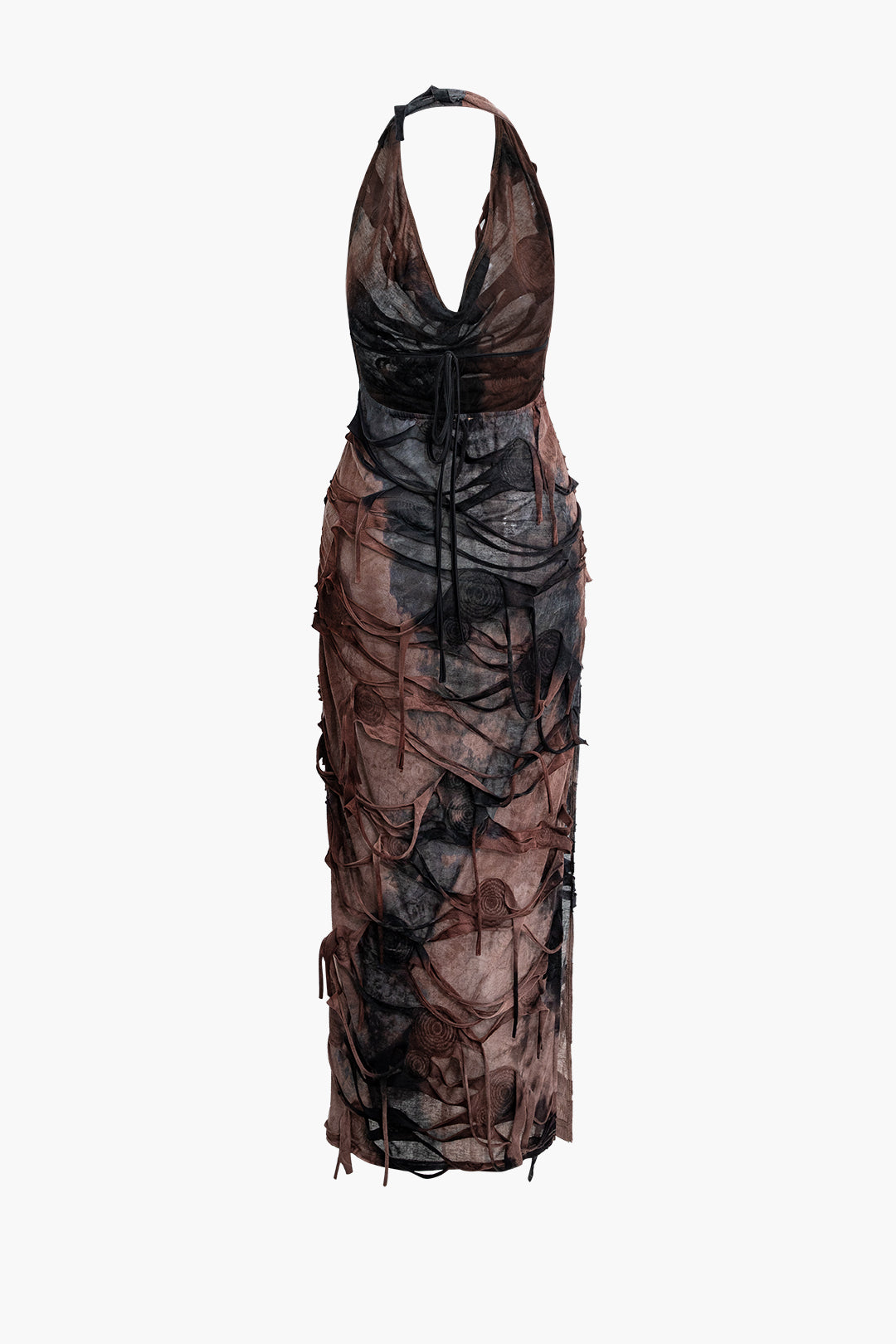 Tie Dye Distressed Mesh Slit Halter Cowl Neck Maxi Dress