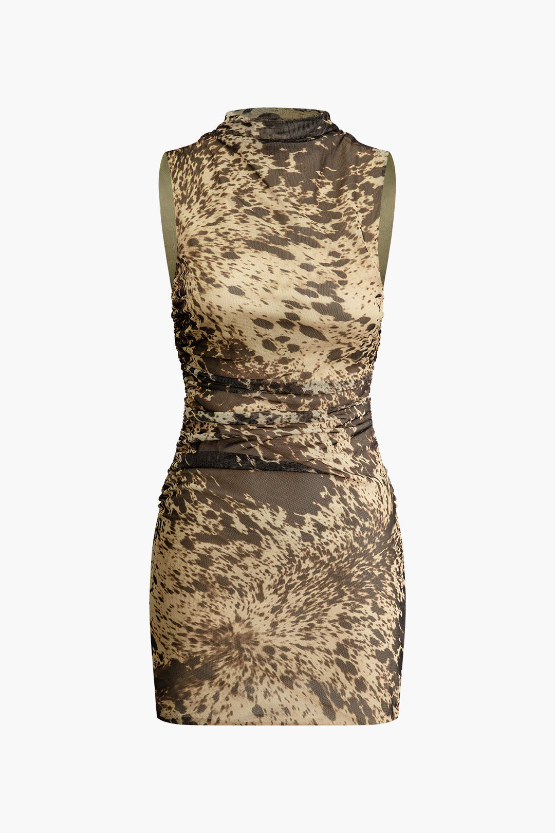 Abstract Print Mesh Mock Neck Sleeveless Mini Dress