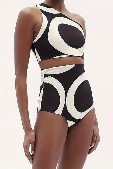 Contrast Abstract Print One Shoulder Swimsuit Set