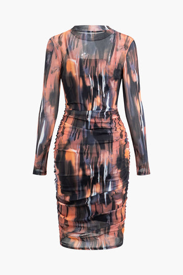 Tie Dye Mock Neck Mesh Long Sleeve Midi Dress With Lining