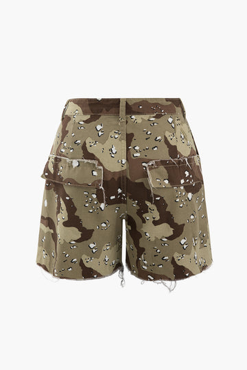 Camo Tie Waist Frayed Shorts