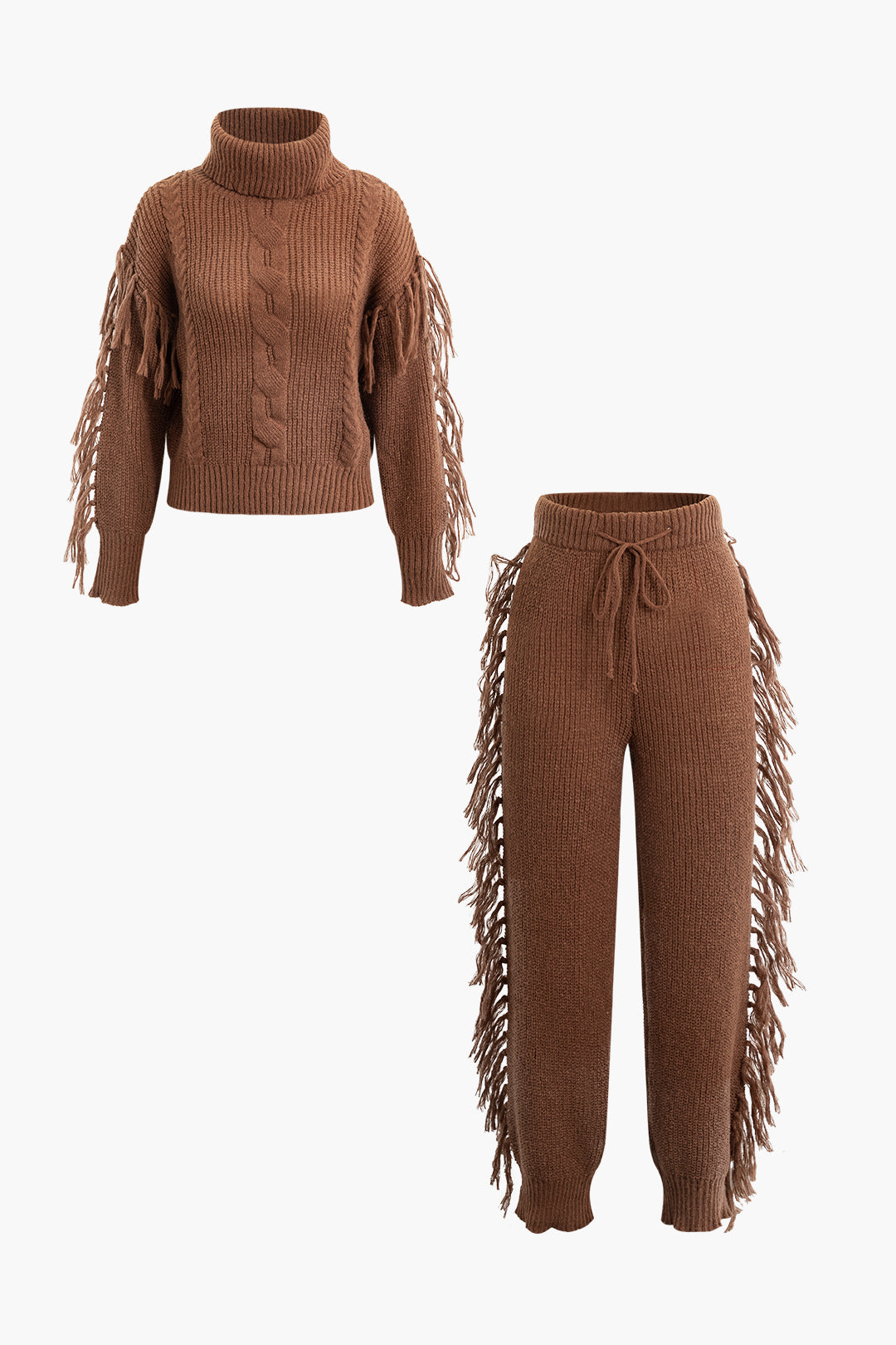 Fringe Detail Turtleneck Sweater And High Waist Knit Pants Set