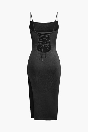 Braided Tie Slip Slit Knit Midi Dress