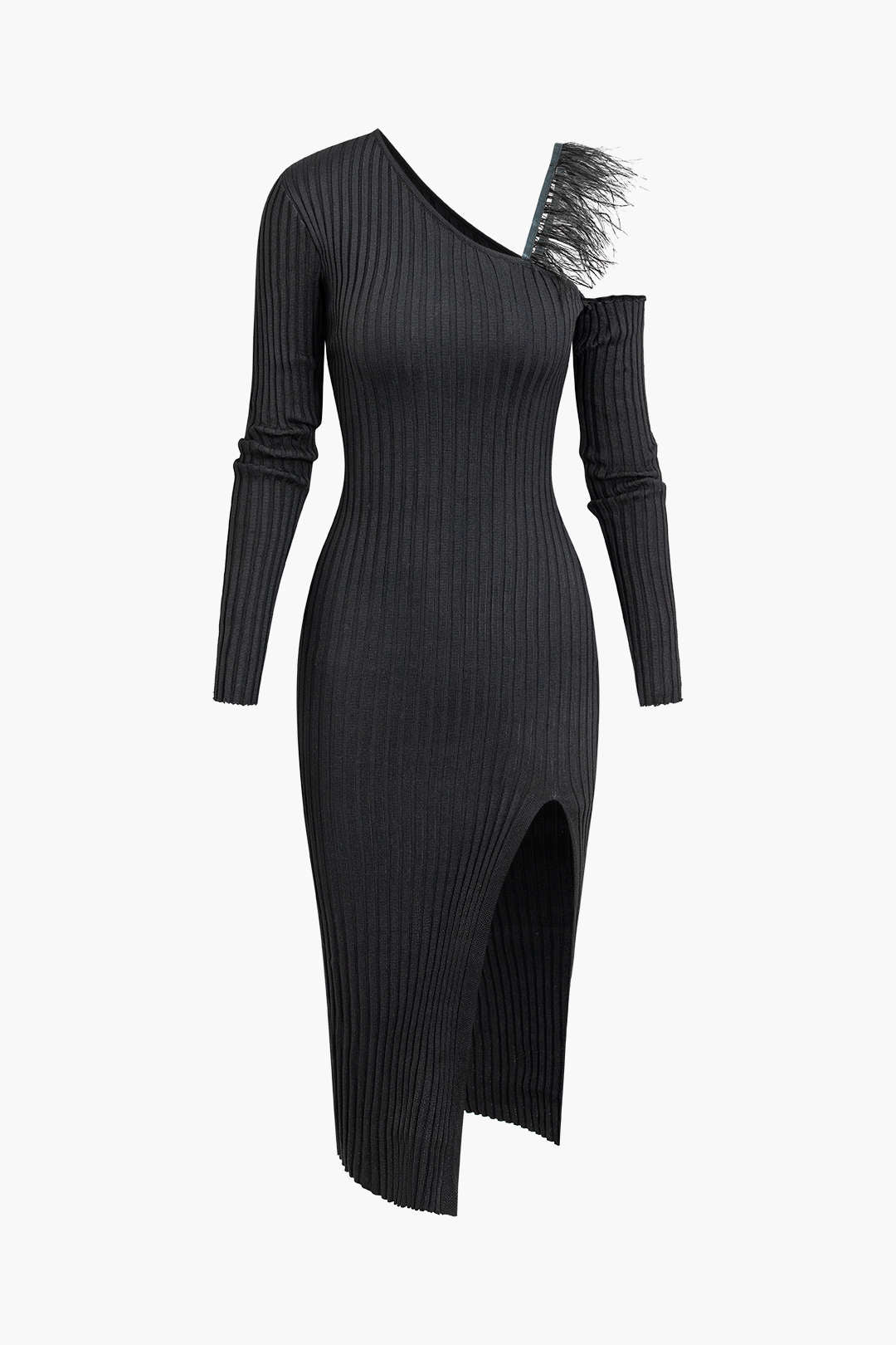 Asymmetrical Feather Detail Long Sleeve Slit Knit Midi Dress