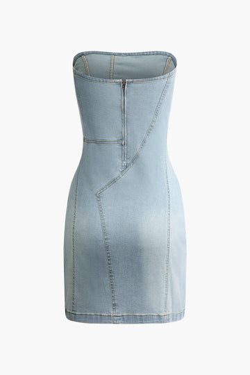 Faded Zipper Strapless Denim Mini Dress