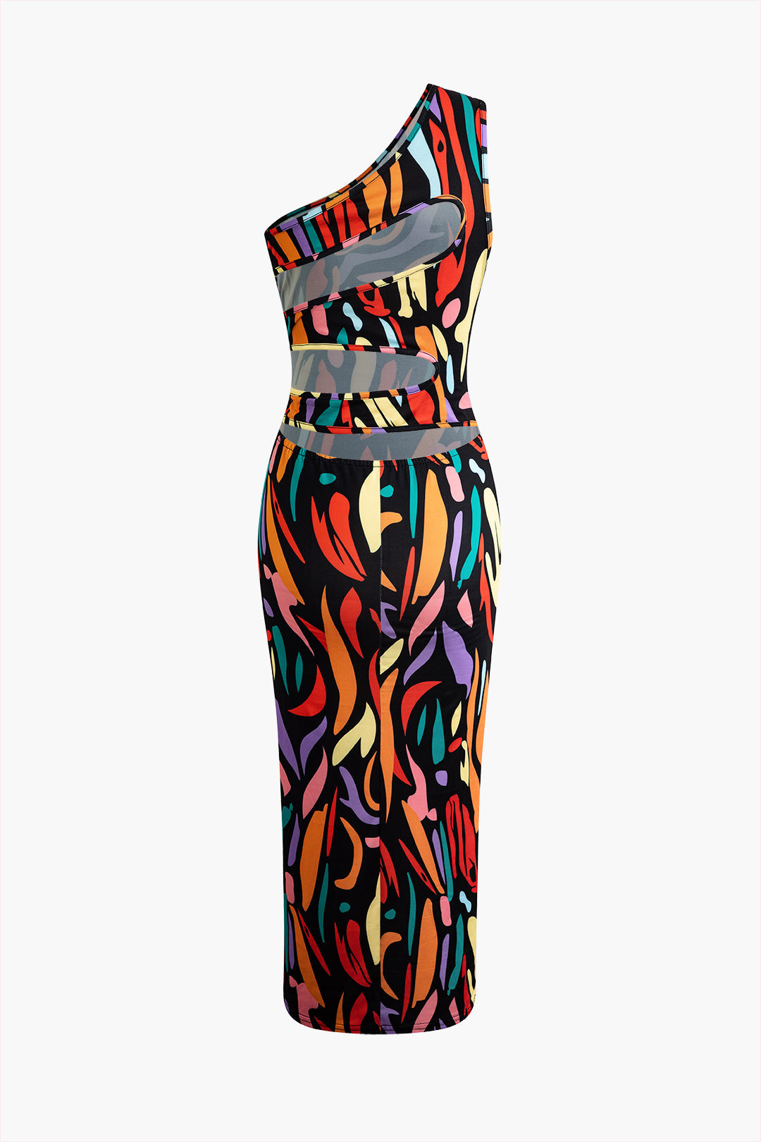 Abstract Print One Shoulder Cut Out Midi Dress