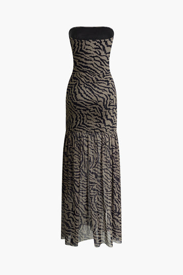 Tiger Print Slit Strapless Maxi Dress