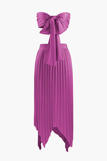 Knot Front Tube Top And Asymmetric Pleated Skirt Set