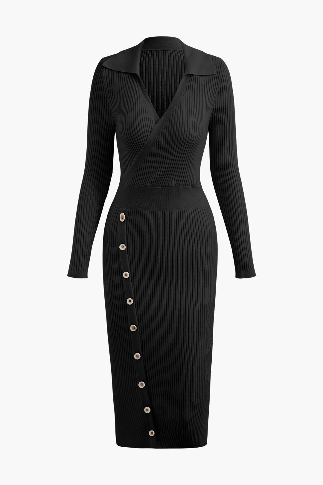 V-neck Rib Knit Collar Button Long Sleeve Midi Dress