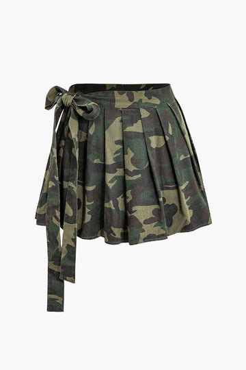 Camouflage Knot V-neck Backless Top And Pleated Mini Skirt Set