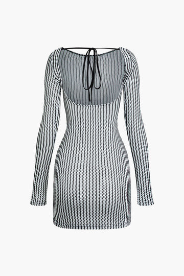 Stripe Tie Backless Round Neck Long Sleeve Mini Dress