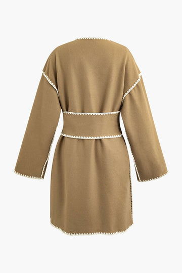 Contrast Trim V-neck Belted Pocket Coat