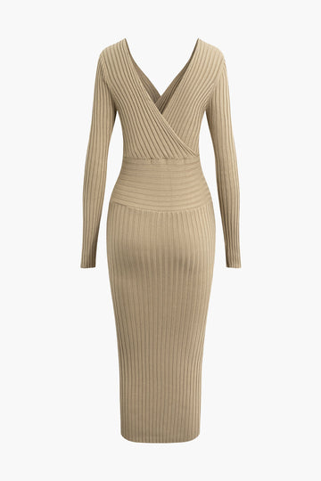 Cross V-neck Long Sleeve Rib Knit Midi Dress