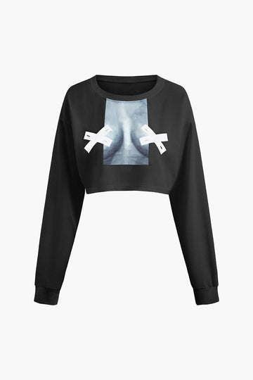 Body Print Round Neck Long Sleeve Crop Top