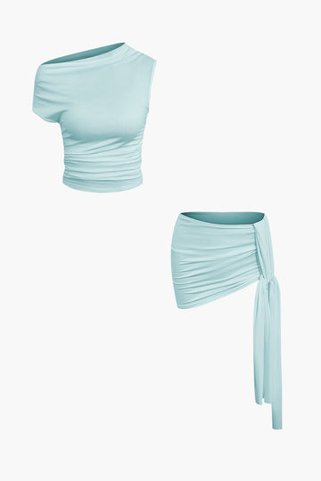 Asymmetrical Ruched Crop Top And Tie Mini Skirt Set